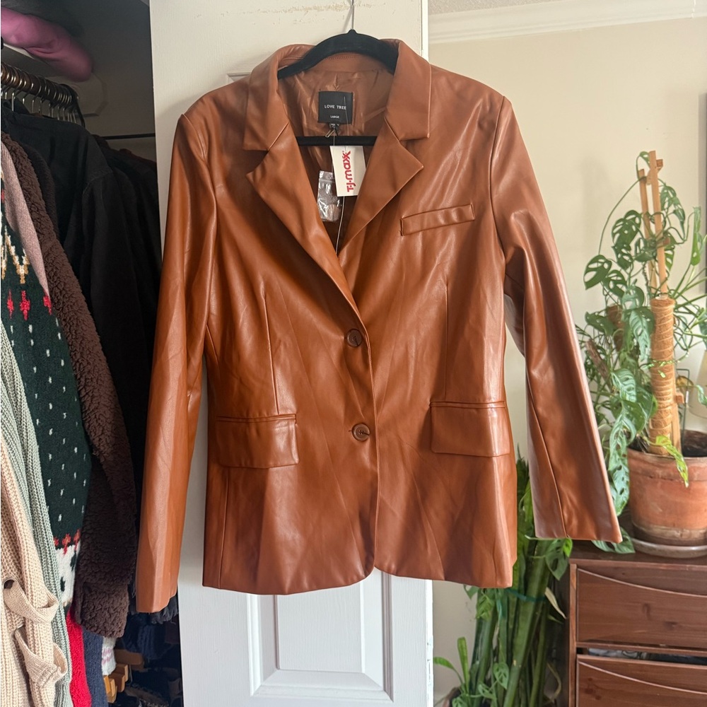 Love Tree Tan Faux Leather Blazer